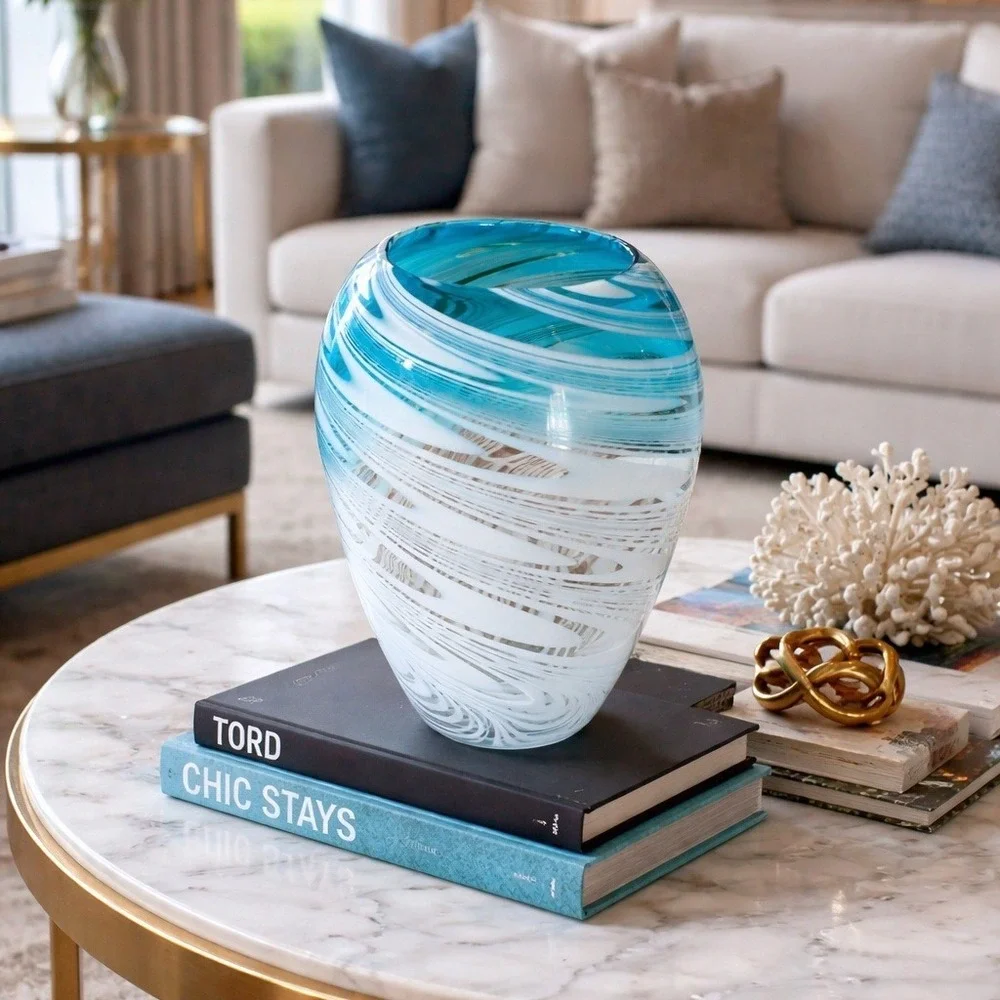 Murano Vintage Artisan Swirl Glass Vase Blue White Elegant Home Decor‎ Accent